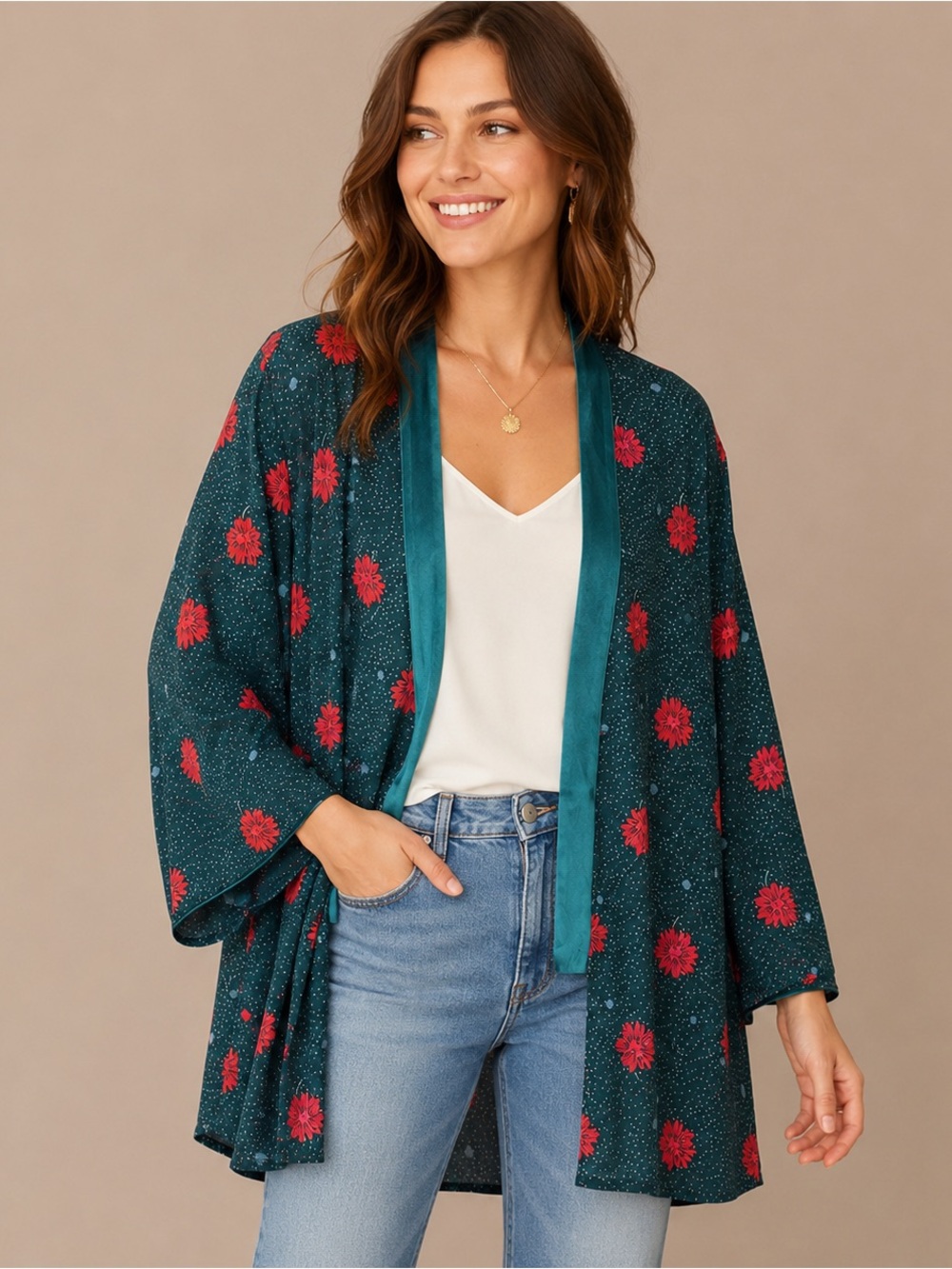POL Lightweight Floral Kimono Cardigan Teal Red Floral Duster Boho Open Front S